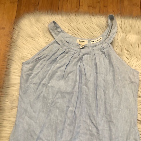 Malvin Hamburg Germany Linen Blend Pleated Sky Blue Halter Sun Dress S (6 US) - Picture 3 of 11